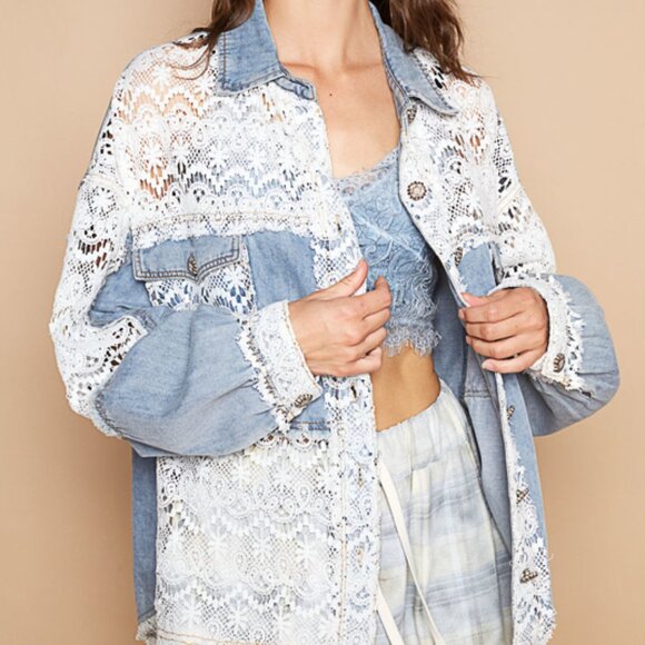 POL Denim & Lace Whimsical Shacket Size Large - Picture 4 of 5
